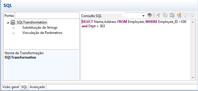 A exibição SQL mostra a guia Portas e a área em que você define a consulta SQL. 
			 