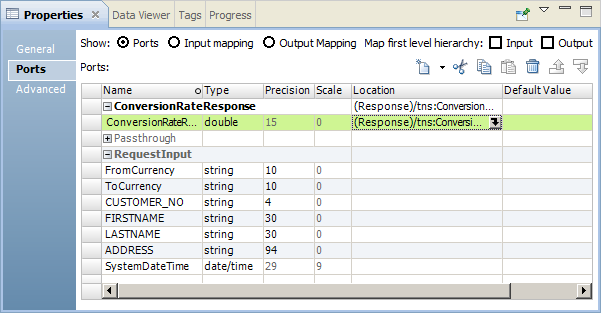 “属性”视图中的“端口”选项卡显示了转换端口。 这些端口被分为三组，名称分别为 ConversionRateResponse、Passthrough 和 RequestInput。 该选项卡还包含用于创建、剪切、复制、粘贴、删除和移动端口的按钮。 
		  