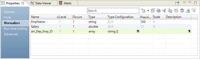 The Normalizer view shows a field EmpName of type string, Salary of type double, and arr_Dep_Emp_ID of type array with string elements. 
				  