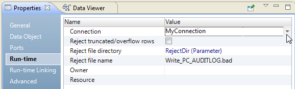 Click the right side of the Connection name field to change the connection that the transformation uses.
				  