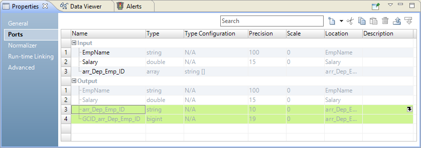  The Ports view of the Normalizer transformation shows an input group with a port EmpName of type string, Salary of type double, and arr_Dep_Emp_ID of type array with string elements. The output group contains a port EmpName of type string, Salary of type double, the flattened field arr_Dep_Emp_ID of type string, and a bigint port GCID_arr_Dep_Emp_ID. 
					 