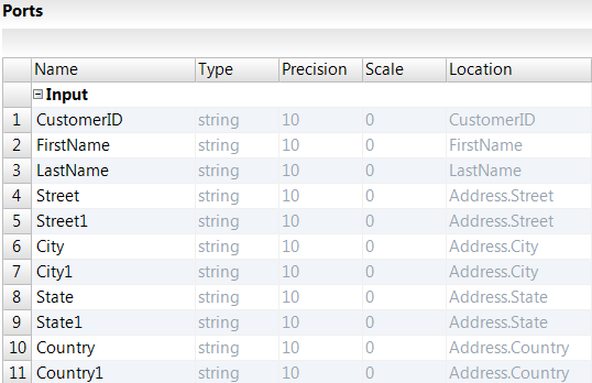 The Ports view shows the CustomerID, FirstName, and LastName, Street, Street1, City, City1, State, State1, and Country, Country1. 
			 