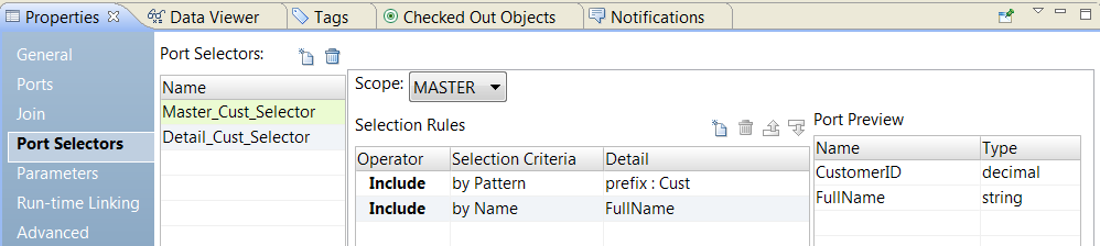 The image shows a Port Selector column with two port selector names: Master_Cust_Selector and Detail_Cust_selector. The Master is selected. The selection rules include a rule to search by a prefix "Cust". A second rule is by name. The port name is called FullName. The Preview Panel shows 2 ports: CustomerID and FullName.
		  