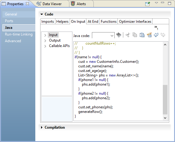  The On Input tab of the Java view shows the code that defines the transformation functionality. 
		  