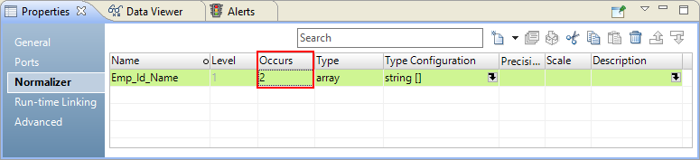  The Normalizer view shows an array field Emp_Id_Name. The value of Occurs for the array field is 2. 
			 