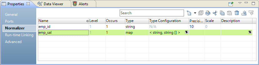  The Normalizer view shows a string field emp_id and a map field emp_sal. The value of Occurs for the string and map fields is 1. 
		  
