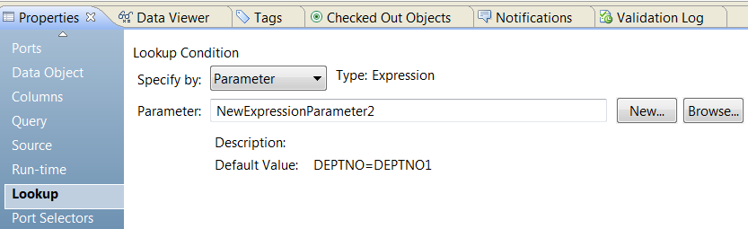 The Lookup tab has the Specify by Parameter option selected. A parameter is selected called NewExpressionParameter2. The default value is CustomerID_IN = C_CUSTKEY.
		  