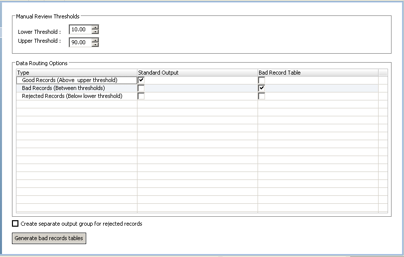 The Configuration view has the Manual Review Thresholds fields at the top of the view. The Lower Threshold Value is 10. The Upper Threshold value is 90. The Data Routing Options are in the left column. The Good records are set for Standard Output. The Bad Records are set for the Bad Records table. The Reject records are not configured for any tables. 
		  