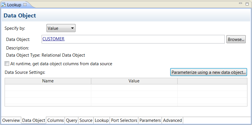 The data object tab by Value dialog box includes a button that says Parameterize by Using A New Data Object. At the bottom of the dialog box is a grid which shows the parameter names and values after you configure them. 
		  