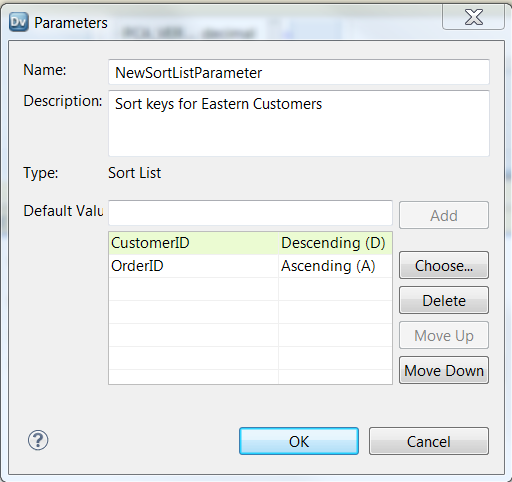 The Parameters dialog box shows a parameter name and description. The parameter type is sort list. The CustomerID and OrderID port names appear as selected. CustomerID is descending sort, OrderID is ascending sort. 
		  