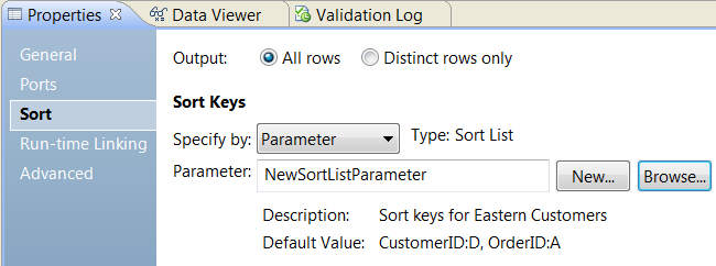 The Sort tab shows Specify by Parameter. The parameter type is sort list. The parameter name is NewSortListParameter. There is a description and the default value is CustomerID:D, OrderID:A 
		  