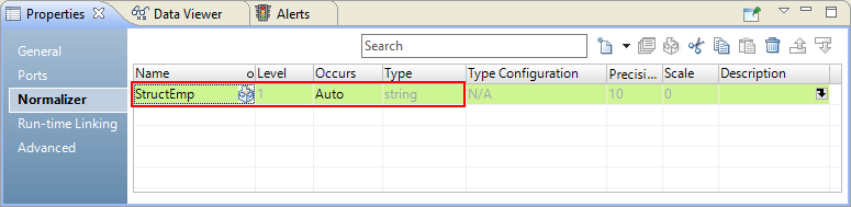  On the Properties tab of the Normalizer transformation, the Normalizer view shows the struct field StructEmp that is flattened. A flatten icon is displayed next to the flattened field. The value of Occurs for the flattened field is Auto. 
			 