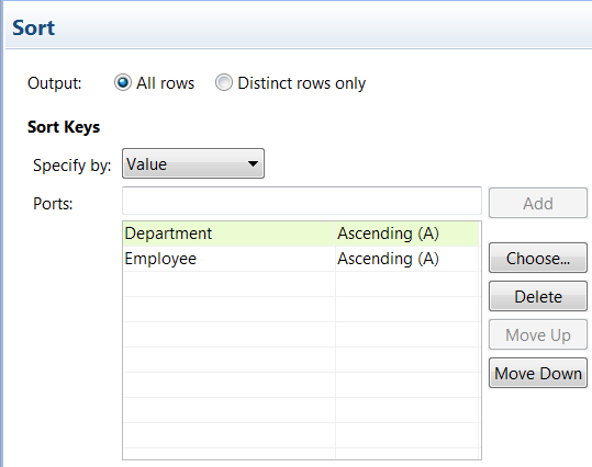 The Sort tab shows the Specify by Value properties. The Department and Employee port names are listed. Department is descending sort and Employee is ascending sort..
		  