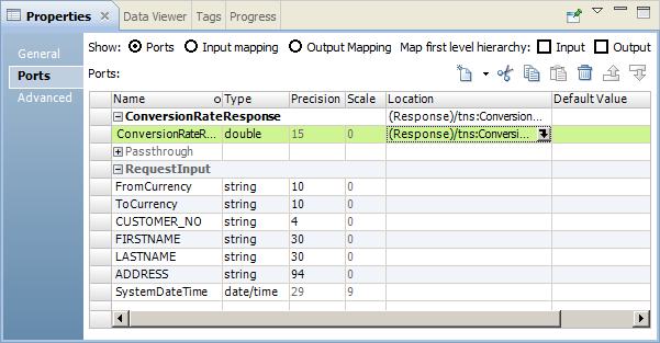 The Ports tab in the Properties view shows the transformation ports. The ports are grouped into three groups named ConversionRateResponse, Passthrough, and RequestInput. The tab also contains buttons to create, cut, copy, paste, delete, and move ports. 
		  