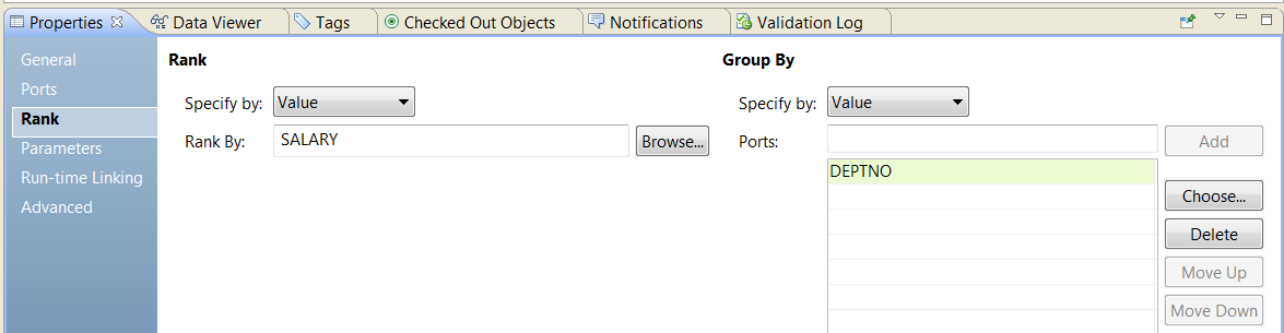 The Rank tab has a Rank area and a Group By area. In the Rank area the property contains the Salary. The Group By area allows multiple ports. Deptno is the selected port. 
		  