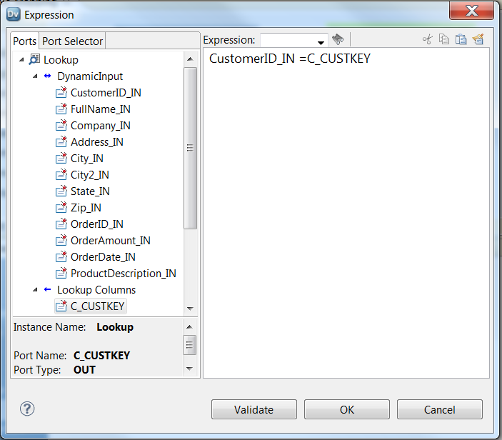The Expression dialog box has ports and port selectors to choose from in the left panel. Configure the expression in the right panel. 
		  