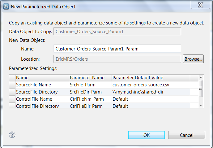 The New Paramterized Data Object dialog box shows the default new data object name and the path to the data object in the repository. It shows four parameters. You can view each property name, the parameter name and the default value. You can change the parameter name and default value. 
		  