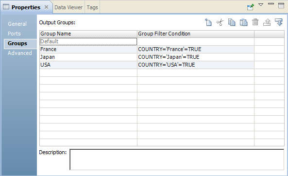 The Groups tab displays the following groups: Default, France, Japan, and USA. The France, Japan, and USA groups have a corresponding filter condition. 
			 