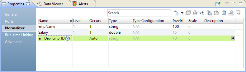  The Normalizer view shows a field EmpName of type string, Salary of type double, and arr_Dep_Emp_ID of type string. The arr_Dep_Emp_ID is the flattened field with a Flatten icon next to it and the value of Occurs is Auto. 
					 
