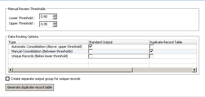 The Configuration view shows a lower threshold of .80 and an upper threshold of .95. The view shows the following data routing options: Automatic Consolidation set to Standard Output. Manual Consolidation is set to the Duplicate Record table. Unique records are not set for either output. The checkbox to create a separate output group for unique records is not checked. At the bottom of the view is a button to generate duplicate record table. 
		  