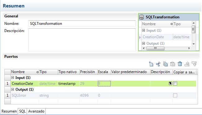 La vista Resumen muestra el nombre, la descripción y los puertos de la transformación de SQL. La sección Puertos de la vista Resumen muestra el puerto de entrada CreationDate. El puerto de entrada tiene un tipo de datos de transformación fecha/hora el tipo de datos nativo marca de hora. 
			 