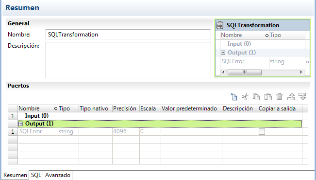 La vista Resumen muestra el nombre, la descripción y los puertos de la transformación de SQL. La sección Puertos de la vista Resumen muestra el puerto de salida SQLError. 
			 