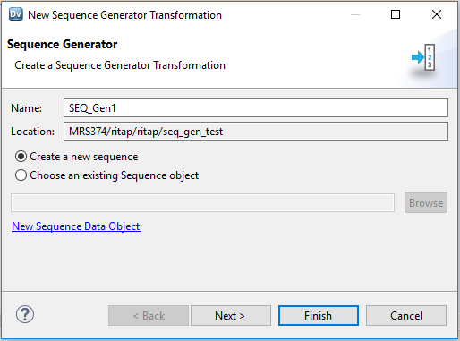 Esta captura de pantalla muestra el cuadro de diálogo que aparece cuando desea crear una transformación de generador de secuencia. Incluye el nombre y la ubicación de la transformación. La ubicación es la ruta de acceso a la asignación en la que desea crear su transformación. Debajo de la ubicación, tiene dos opciones: puede seleccionar crear una secuencia nueva o elegir un objeto de secuencia existente. La segunda opción incluye la posibilidad de buscar el objeto de datos de secuencia o crear un objeto de datos de secuencia nuevo. 
				  