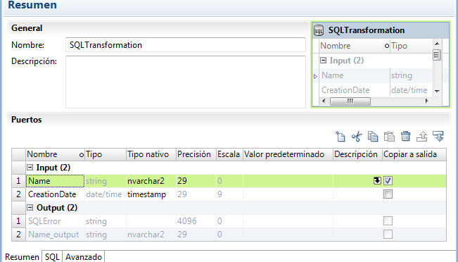 La vista Resumen muestra el nombre, la descripción y los puertos de la transformación de SQL. El puerto de transferencia Nombre aparece como el puerto de entrada Nombre y el puerto de salida Name_output. 
			 