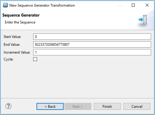 This screenshot shows the Sequence properties that you can configure: Start Value, End Value, Increment Value, and an option for Cycle. The default Start Value is 0. The default End Value is 9,223,372,036,854,775,807. The default Increment Value is 1. 
					 