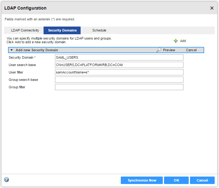 The Security Domains panel of the LDAP Configuration Dialog box contains the LDAP security domain properties. 
				  