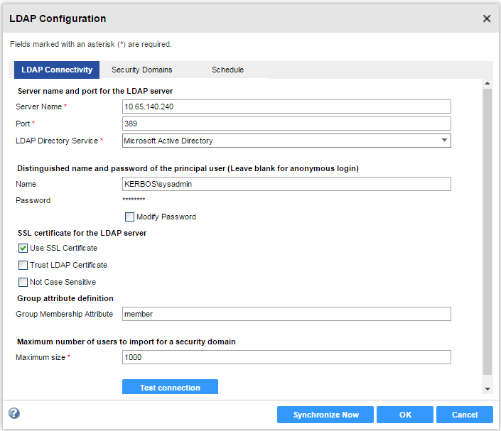 The LDAP Connectivity panel of the LDAP Configuration Dialog box contains the LDAP server connection properties. 
				  
