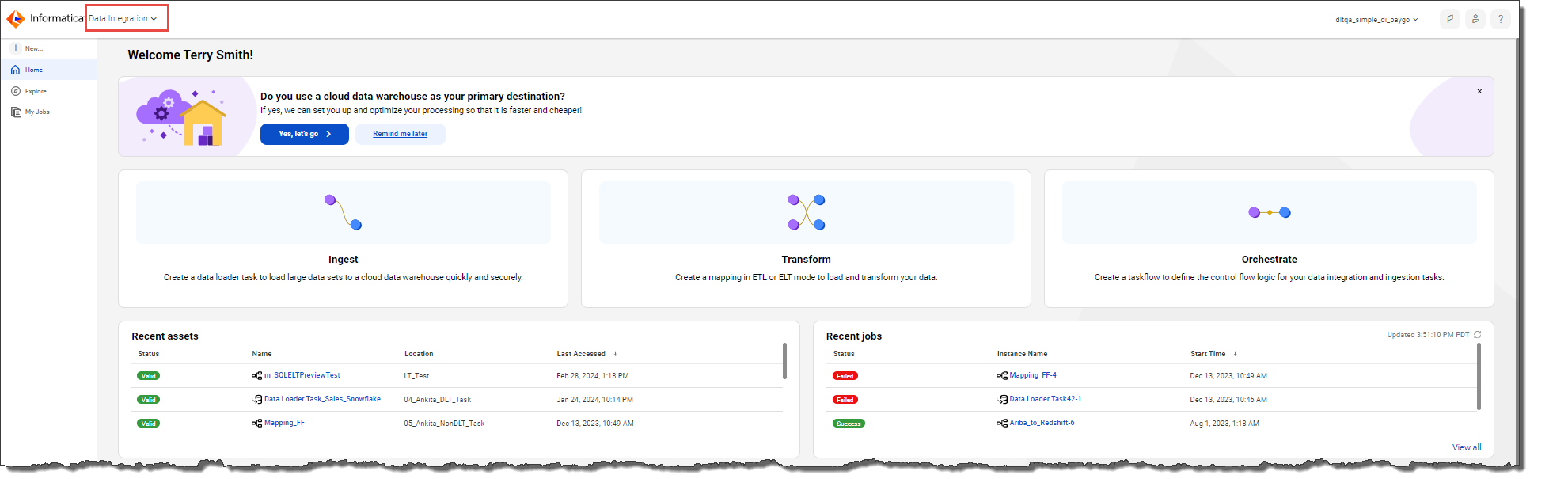 The Data Integration Home page is where you create your data integration projects. If you click Data Integration in the upper left corner, you can switch to the Administrator and Monitor services. 
		  