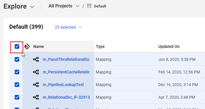 The Select All check box is to the left of the Name column label on the Explore page. All of the assets on the page are selected. 
				