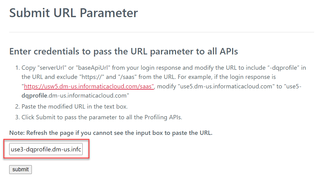Submit URL Parameter API is shown with a red highlight on the modified URL. 
				  