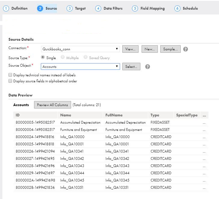 Select the Source Connection, Source Type and Source Object to be used for the task. 
				  