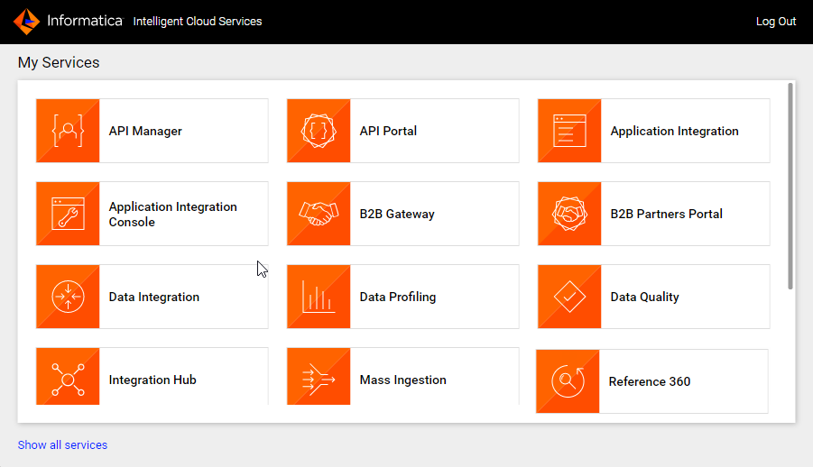 The My Services page shows the Data Integration, Administrator, and Monitor services. 
		  