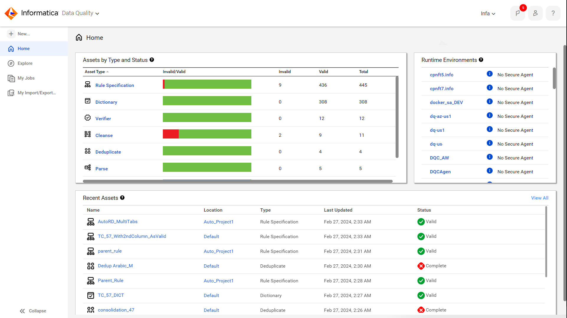 The image shows the Data Quality home page. The Home page includes a summary of the asset types that you created and a list of the most recent assets that you worked on.
		  