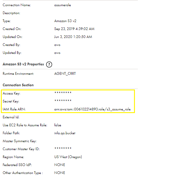 Specify the access key, secret key, and IAM role ARN in the Amazon S3 connection properties. 
		