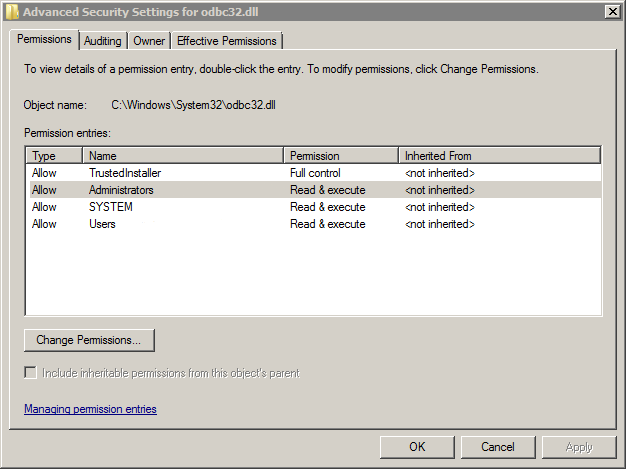 In the Permission Entries box, the Administrators line is selected. 
				