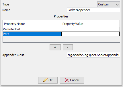The custom appender must include the RemoteHost and Port properties. The Appender Class is set to org.apache.log4j.net.SocketAppender. 
				  