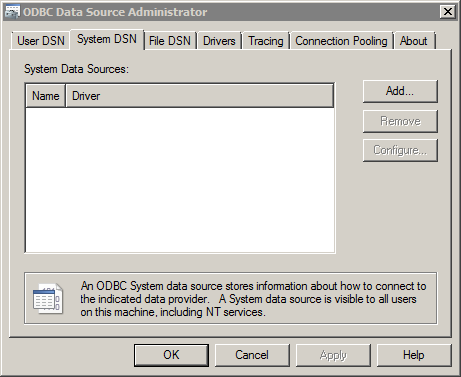 The ODBC Data Source Administrator window has empty Name and Driver properties in the System Data Sources box. 
				