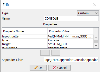 The custom appender has layout.pattern, type, target, and layout.type properties defined. The Appender Class property is set to log4j.core.appender.ConsoleAppender.
		  