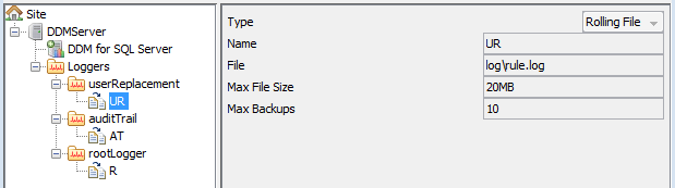 The system loggers have UR, AT, and R appenders. The UR appender has the Rolling File Type property, UR Name property, log\rule.log File property, 20MB Max File Size property, and 10 Max Backups property. 
		  