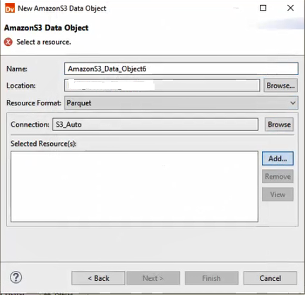The New AmazonS3 Data Object dialog box. 
					 