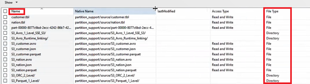 The File Type tab showing files and directories. 
				  
