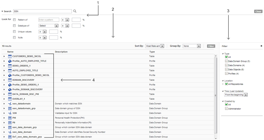 The discovery search results panel contains the search criteria, results grid, filter, and search results sections. 
		  