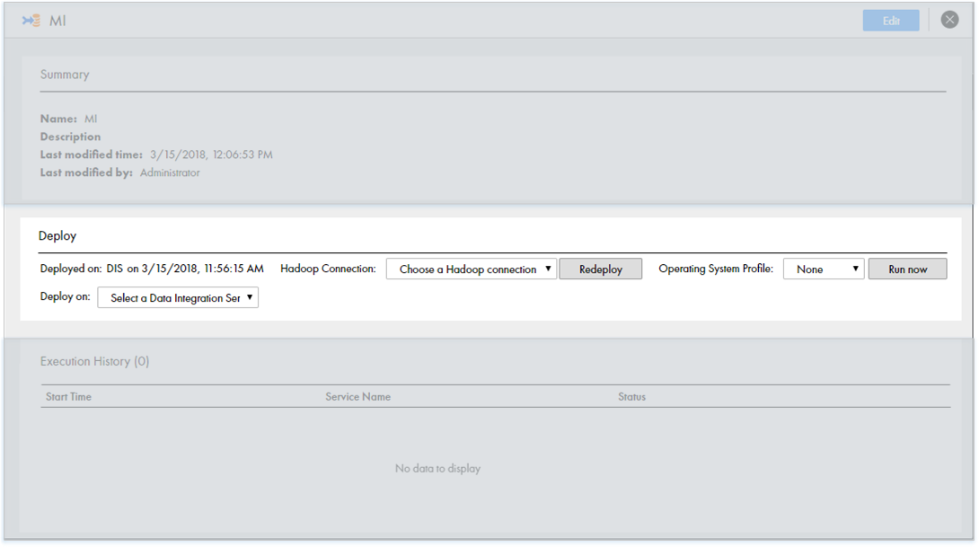 This image shows the Deploy view on the Overview page. The option to redeploy the mass ingestion specification to a different Data Integration Service appears next to the name and time of the Data Integration Service where the specification was last deployed. The option to select a Hadoop connection appears next to the name and time of the Data Integration Service where the specification was last deployed. 
					 