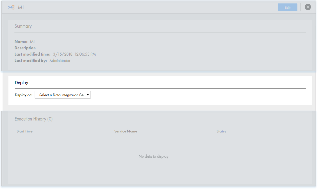 This image shows the Deploy view on the Overview page. In the Deploy view, there is an option to configure the Data Integration Service where you want to deploy the mass ingestion specification. 
					 