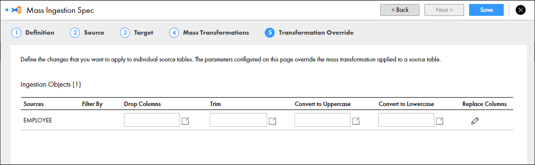 This screenshots shows the Transformation Override page of the mass ingestion specification. Each row defines one table in the specification and each column defines a different parameter that you can configure. The cells define the specific parameter that you configure for a specific table. You edit the parameters by clicking an empty box or by clicking the pencil icon. In the top-right corner, you have the option Save to save the specification, or the button X to discard the specification. 
			 