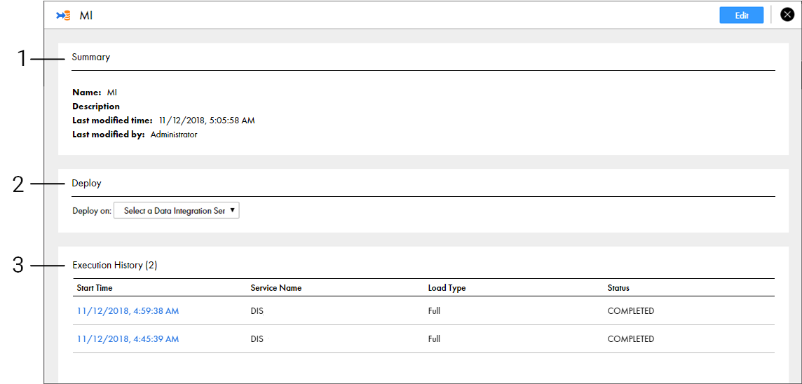 This screenshot shows the Summary page for a mass ingestion specification named MI. The Summary page contains the following views: Summary, Deploy, and Execution History. 
			 